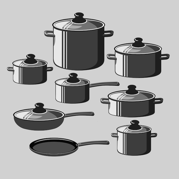 Set pentole e padelle. oggetti isolati.