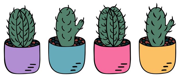 Potted cacti cartoon style set