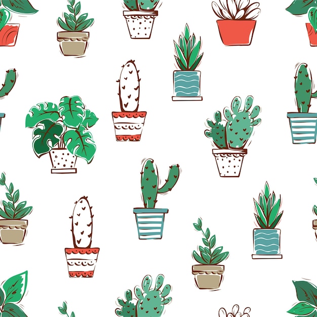 鉢植えの花のシームレスなパターン。居心地の良いヒュッゲの背景。ベクトルの手のイラスト。