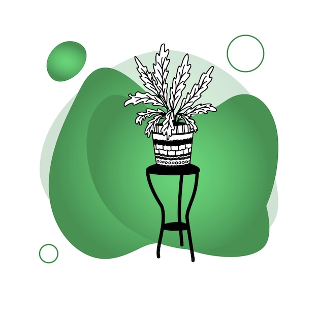 Potted flowers on a stand home decor on a colored background handdrawn linear blackandwhite sketch l