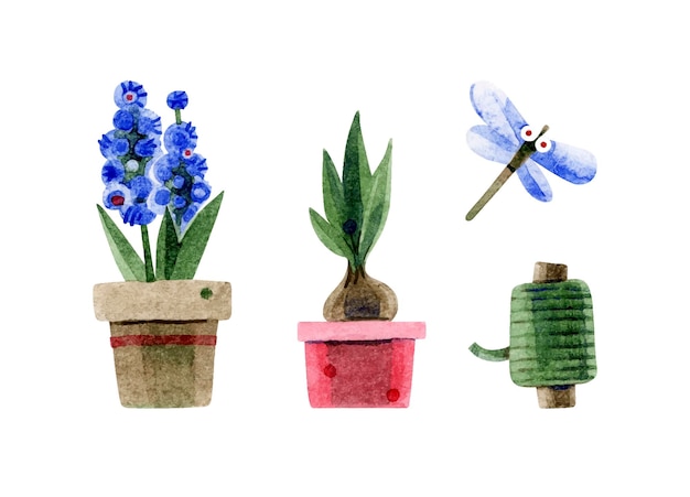 Vector potted hyacinths a skein of colored ribbon and one dragonfly handdrawn watercolor illustrations on a white background design elements that are perfect for flower shops postcards scrapbooking