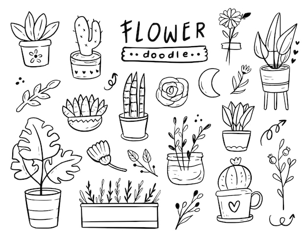 Vector potted plant doodle outline drawing set