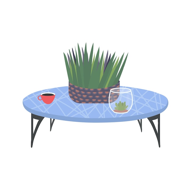 Potted plant op een blauwe koffietafel met een rode beker en glas terrarium gezellige interieur design elementen