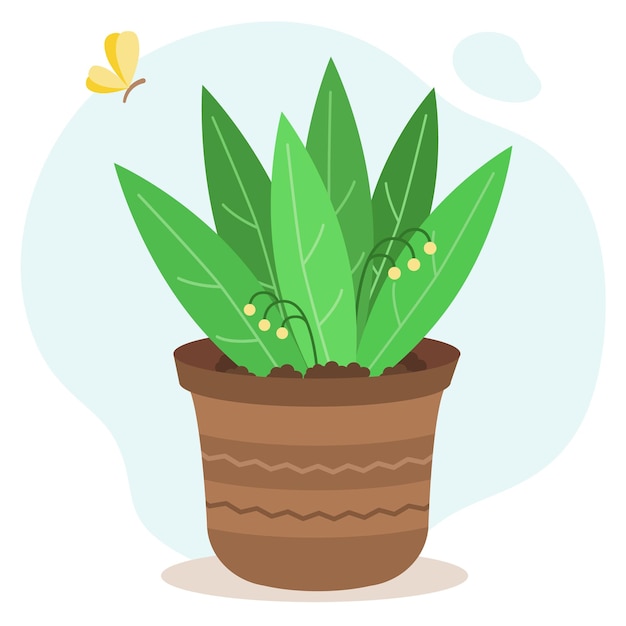 Potted plant with berries. vector illustration of butterfly circling around flower.