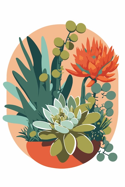 Vector potted plants succulents flat color vector style background poster art print