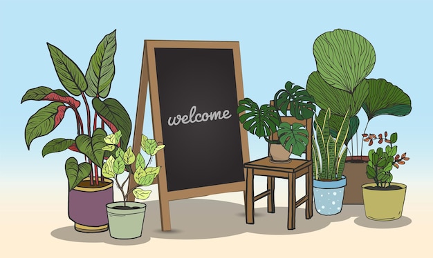 Vector potted plants with black board hand drawing style