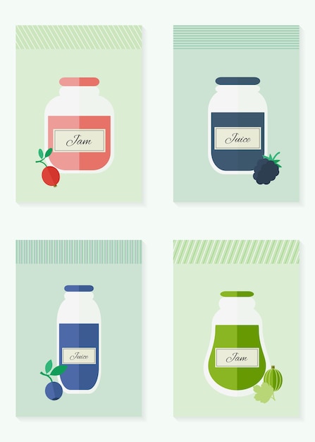 Potten met jam en sapkaarten Platte ontwerp vectorillustratie