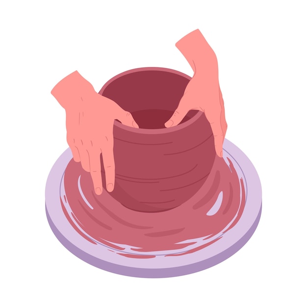 Pottenbakkerij werkplaats proces Pottenbaker handen crafting vaas op pottenbakkerswiel keramiek maker pot vlakke vector illustratie Keramische studio pottenbakker modellering kleivase