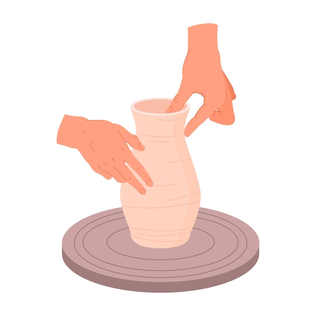 Pottenbakkershanden die vaas maken Pottenbakkenwerkplaatsproces op pottenbakkerijwiel keramische studio pottenbakkermodellering kleivase platte vectorillustratie Keramisten die potten maken