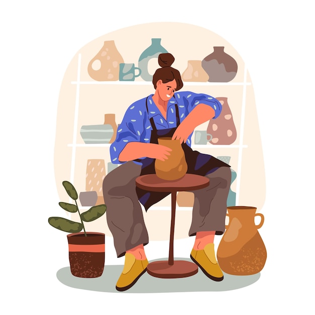 Vector potter woman making or crafting clay vase vector illustration handmade master at art work