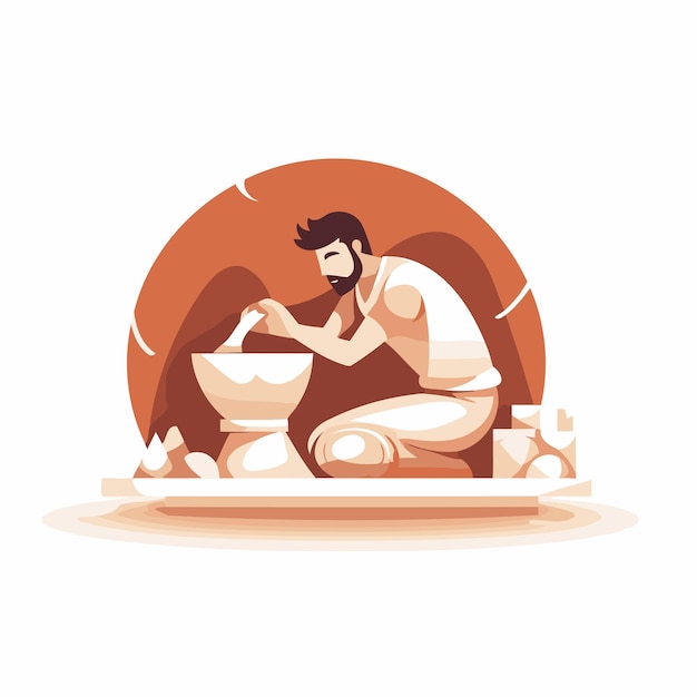 Potter working on the pottery wheel vector flat cartoon illustration