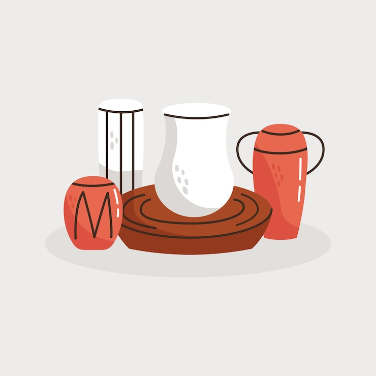 Vector potters wheel and clay vases