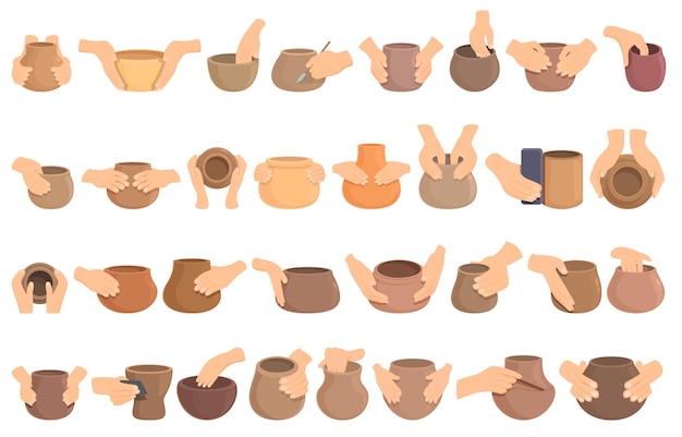 Pottery class icons set cartoon vector Artist craft