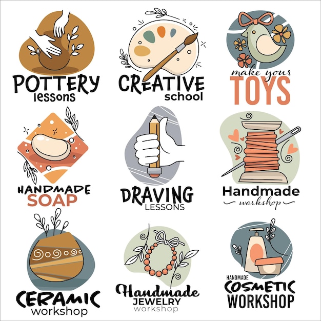 Vector pottery classes and creative arts workshop, handmade soap or drawing. making toys and ceramic products, cosmetics or sewing lessons for creative people. labels and emblems. vector in flat style