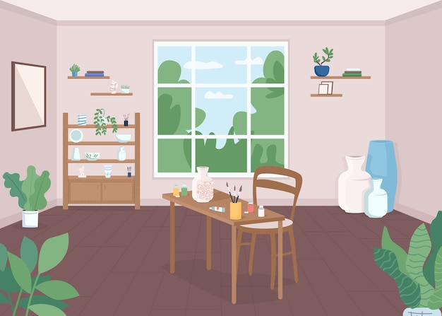 Pottery classroom flat color illustration. craftsmanship lesson. workshop for artist. paint ceramics for hobby. art class. craft studio 2d cartoon interior with window on background