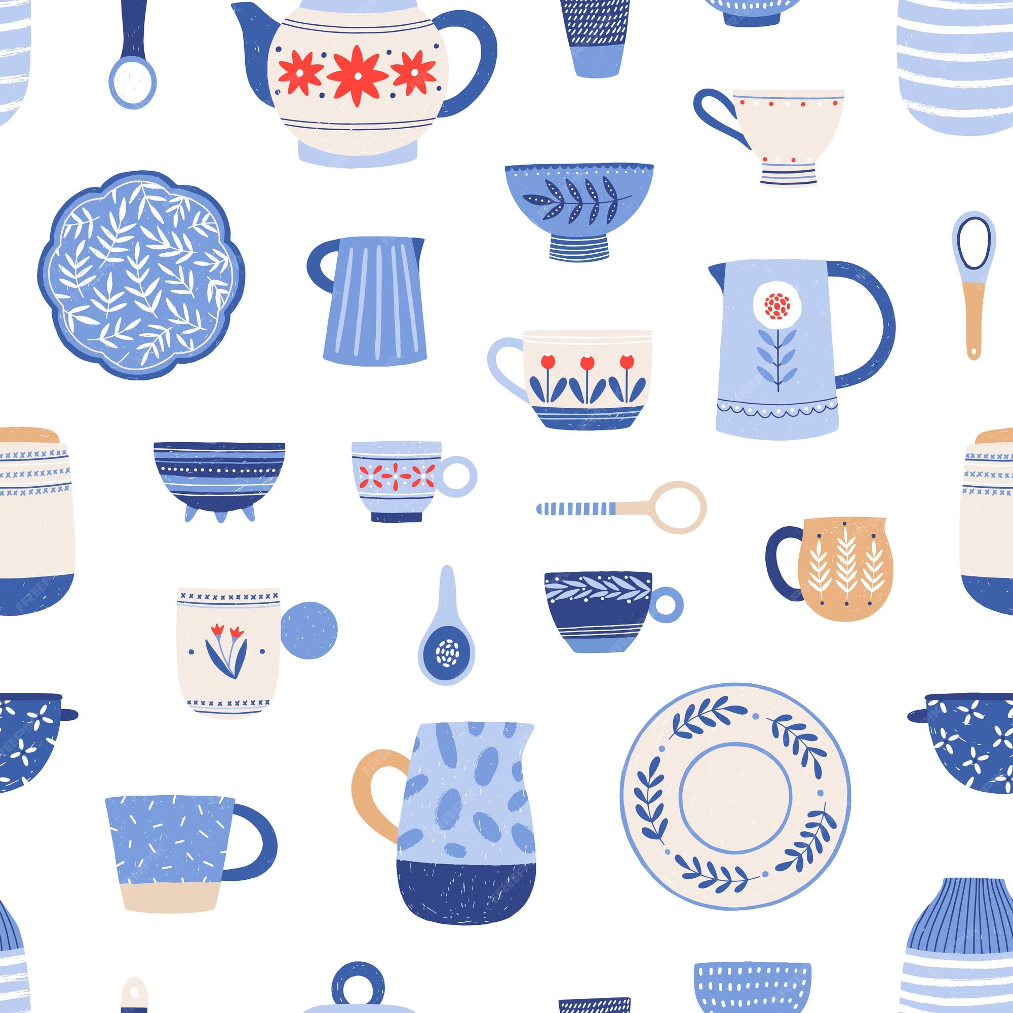 Premium Vector  Cute cups pattern. seamless background with modern tea mugs.  endless repeatable kitchen texture with teacups for printing. wrapping and  wallpaper design. colored flat vector illustration for decor.
