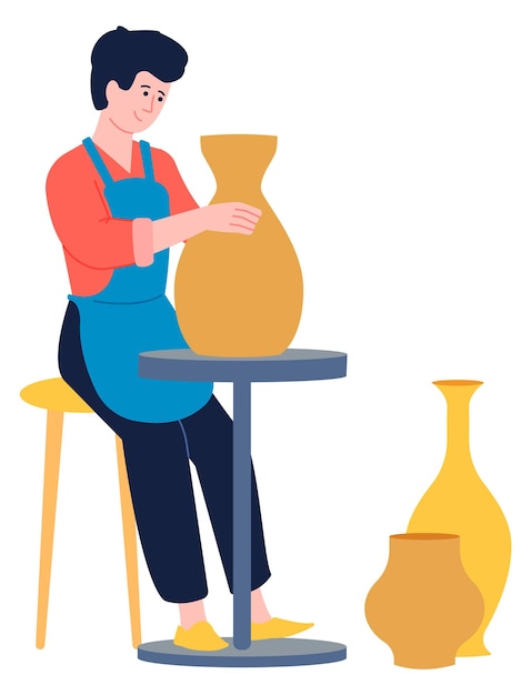 Vector pottery illustration man making clay craft vase