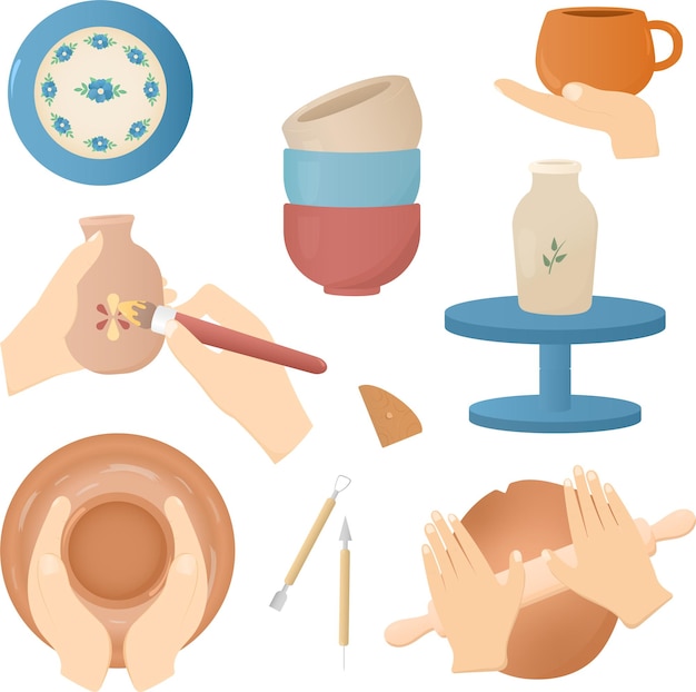 Керамика Набор элементов Процесс изготовления изделий из глины ваза тарелка гончарный круг кружка