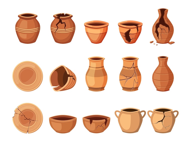 Vector pottery set vases plates urns ceramic earthenware cartoon old ancient antique pots vector cartoon flat items collection