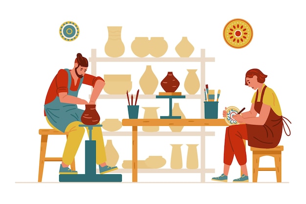 Vector pottery studio interior with ceramics and people working man making clay pot woman painting a dish