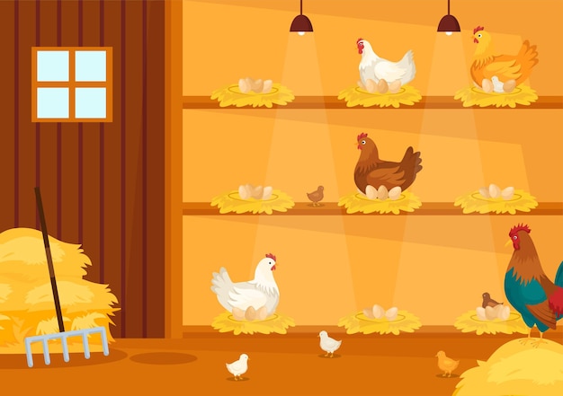 Vettore illustrazione vettoriale di allevamento di pollame con polli e uova sullo scenario di sfondo verde campo