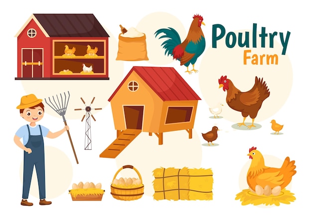 Векторная иллюстрация птицефермы с цыплятами и яйцом на фоне зеленого поля