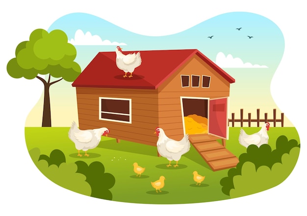 만화 그림에서 그린 필드 배경 보기에 닭고기와 달걀 농장이 있는 가금류