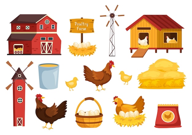 Птицеводство с куриной и яичной фермой на зеленом фоне в карикатурной иллюстрации