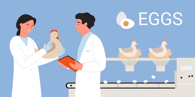 Poultry food industry egg production workers standing near conveyor belt with chickens