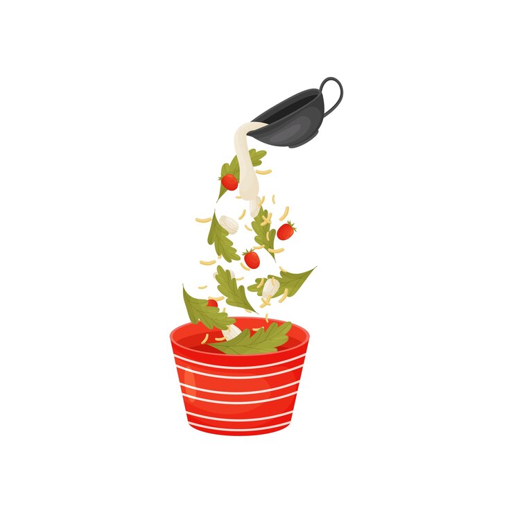 Vector pour the berries and leaves for the salad in a striped red bowl the sauce is poured from a black jug vector illustration on white background