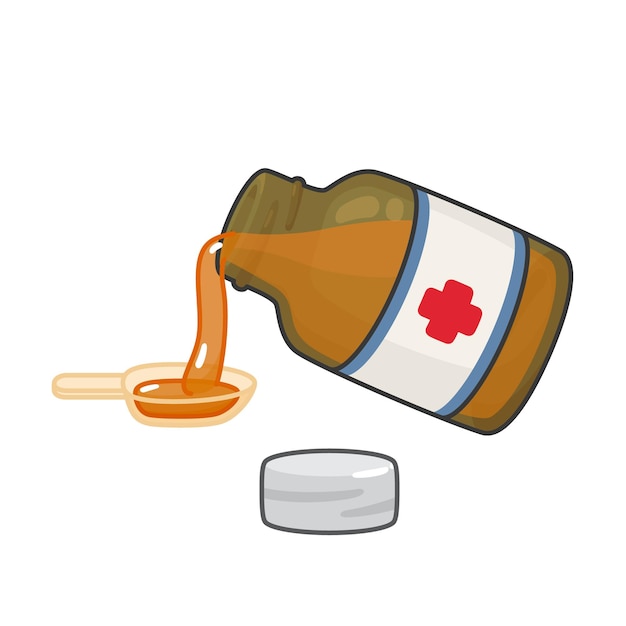 Pour the orange flavored cough syrup for children in a medicine spoon kawaii doodle flat vector illu