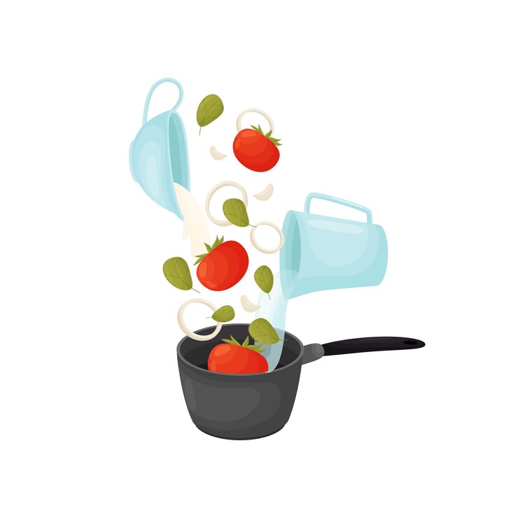 Vector pour tomatoes onions broth water into the pan vector illustration on white background