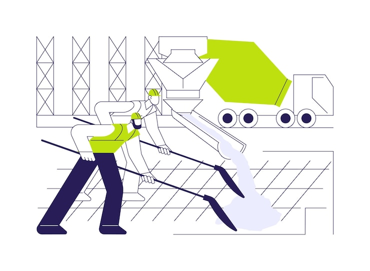 Vector pouring concrete abstract concept vector illustration commercial construction workers in uniform