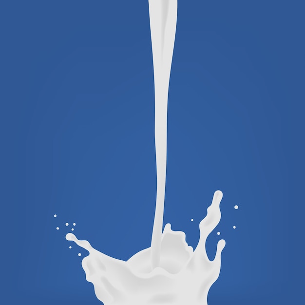 Versare il latte goccia di latte con splash. illustrazione realistica colorata su sfondo blu.