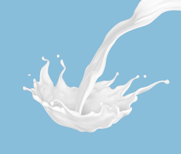 Pouring milk splash isolated on blue background natural dairy product yogurt or cream splash