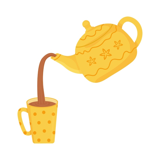 Pouring tea from yellow polka dots teapot into a cup