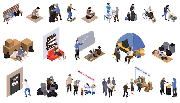 Vector poverty isometric icons set