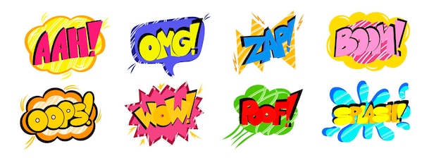 Пузырьки комиксов с словами OMG ZAP OOPS WOW и другими в стиле 90-х