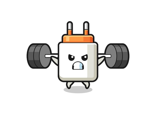 Power adapter mascot cartoon with a barbell , cute design