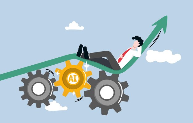 The power of AI for productivity, businessman lying down on fast growing graph on cogwheels with AI