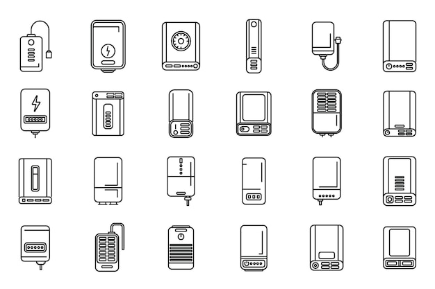 Power bank icons set outline vector Battery charge