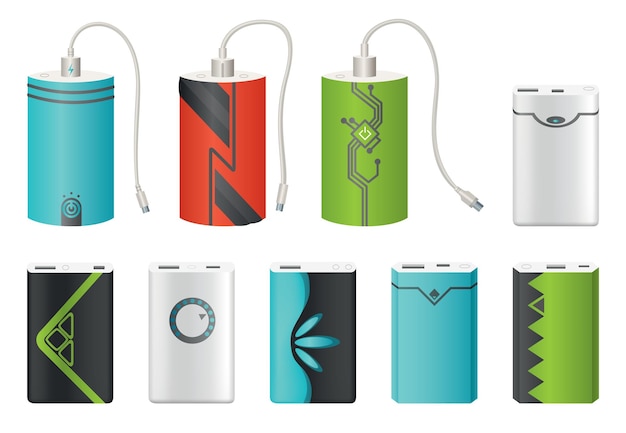 Set mockup power bank con e senza cavo usb caricabatterie portatile colorato batteria esterna per la raccolta di ricarica con diversi design moderni powerbank isolati su sfondo bianco