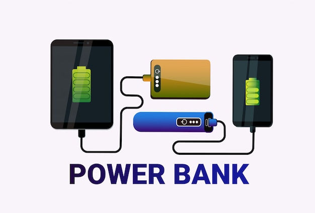 Power banks charging smart phones portable mobile battery concept