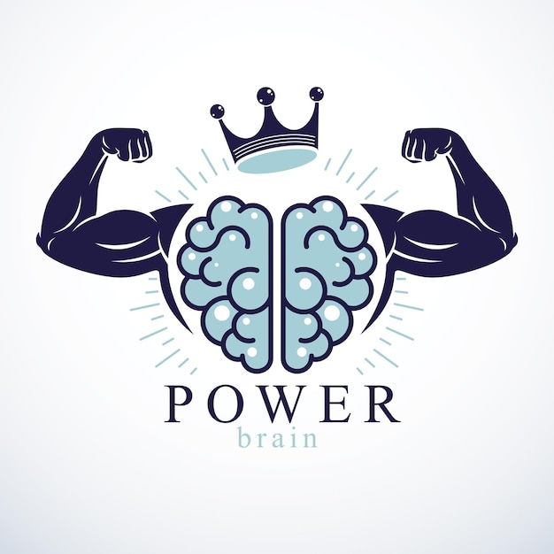 Vector power brain emblem, genius concept. vector design of human anatomical brain with strong bicep hands of bodybuilder. brain training, grow iq, mental health.