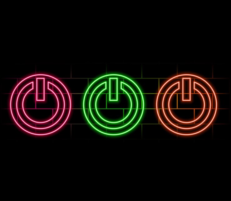 Vector power button blue glowing neon ui ux icon glowing sign logo vector isolated on brick wall2