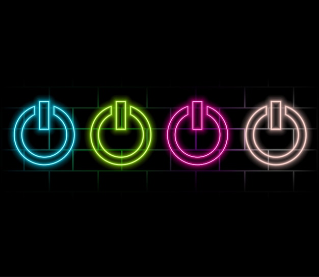電源ボタン青光るネオン ui ux アイコンレンガの壁に分離された光るサイン ロゴ ベクトル
