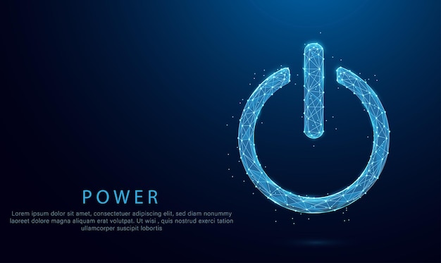 Power button concept on Low Poly wireframe blue illustration on dark background. Lines and dots.