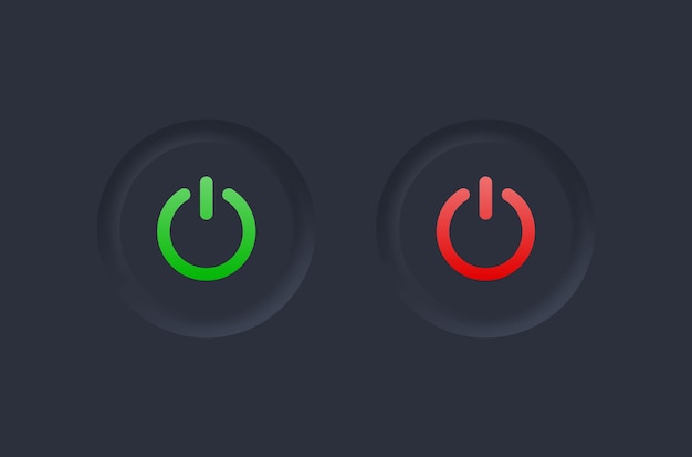 Vector power button icon in black neumorphism button form background press start switch turn on off icons