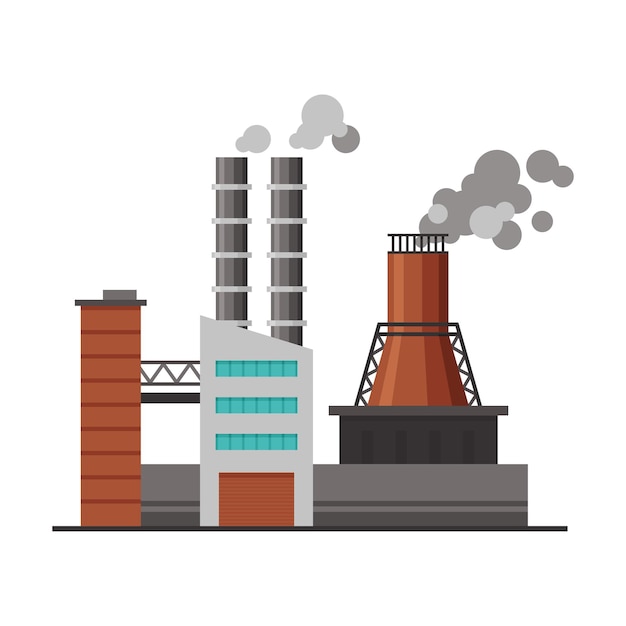 Power chemical or refinery plant industrial factory building with smoke flat vector illustration