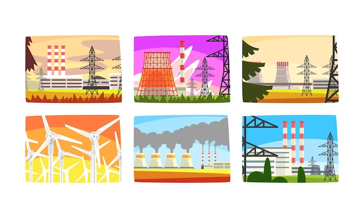 Vector power and energy generation with nuclear plant and wind generator picture view vector set
